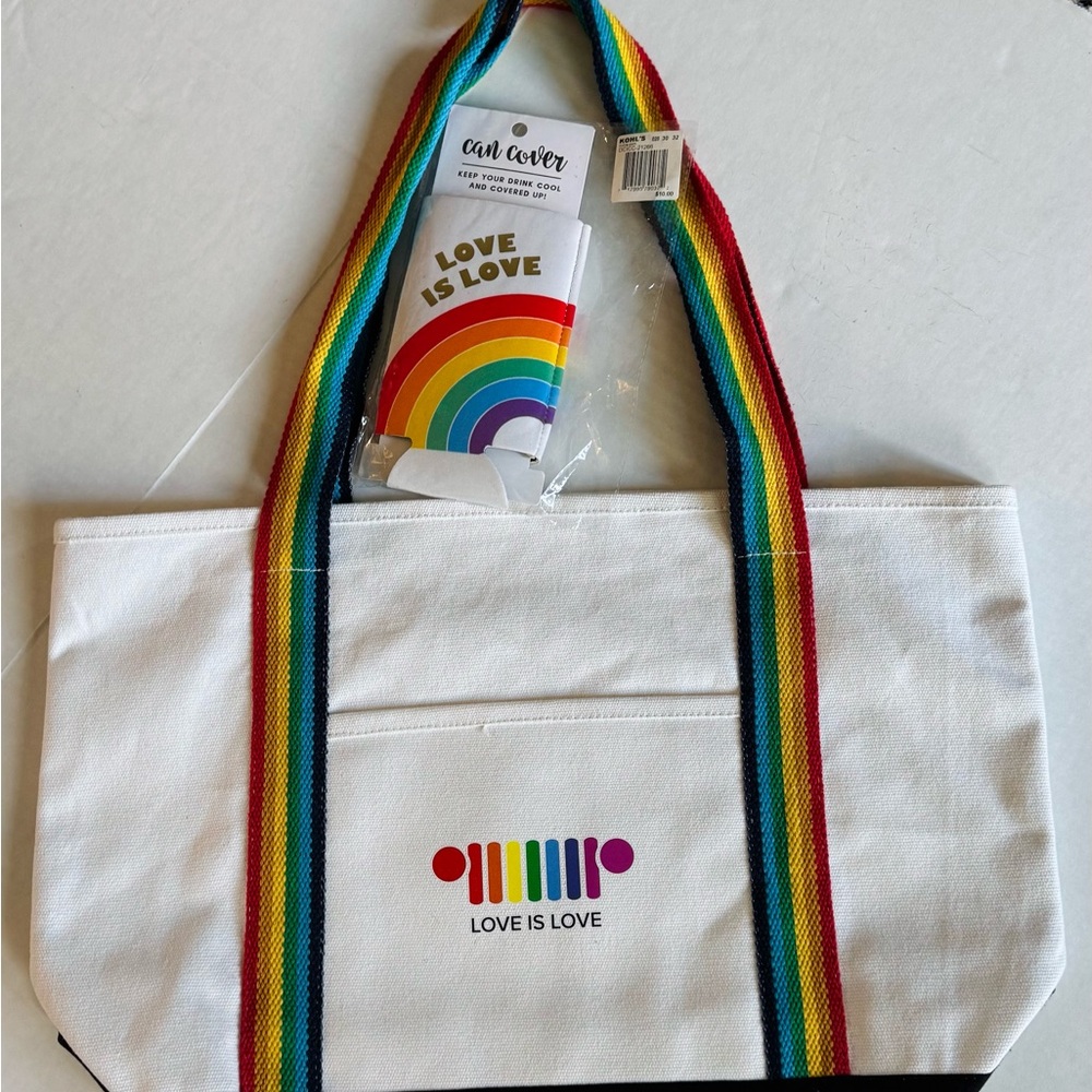 💚💚💚 JEEP 2piece set:Love is Love White w/rainbow color straps CanvasTote Bag - Picture 4 of 8